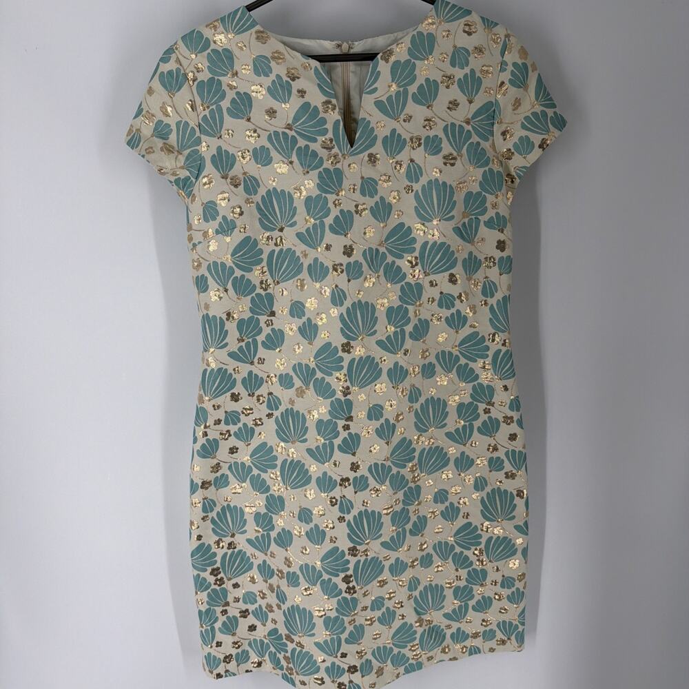 J McLaughlin Ariana Blue/ Gold Flower Print Sheath Dress Size 10 Zipper V-neck